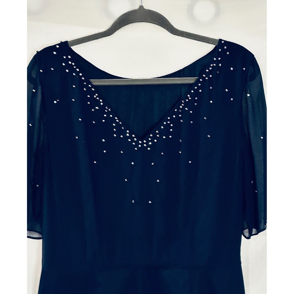 Black Rhinestone Sheath Dress Sheer Flutter Sleeve V-Back Cocktail Dress - Picture 7 of 10